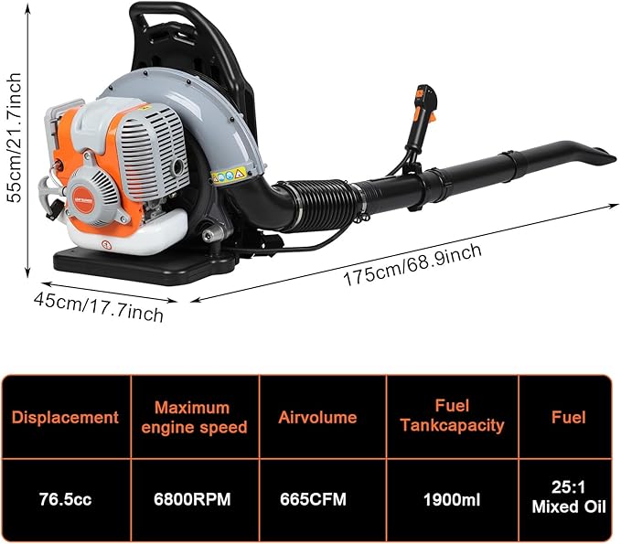 Backpack Gas Powered Leaf Blower 63CC 665 CFM Extreme Duty 2-Stroke Petrol Powered Leaf Blowers for Lawn/Garden Care Yard Snow/Grass Blowing Dust Debris from US (665CFM 75.6CC Grey)