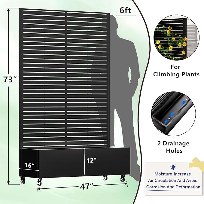 Metal Planter Box with Trellis72x47x16Galvanized Steel Outdoor Raised Garden Bed with Privacy Screenwith Drainage Holes &amp Lockable Casters for Climbing PlantsVegetablesand Vines(BYC)