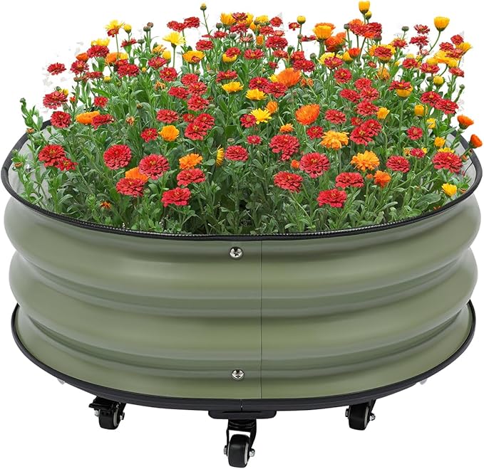 Raised Garden Bed Kits Green Metal Modular Raised Planter Box with 9*Wheels &amp Brakes &amp Gloves Outdoor Round Planter Box for Vegetables Fruits Flowers Herbs 23.62 * 11.81 inch