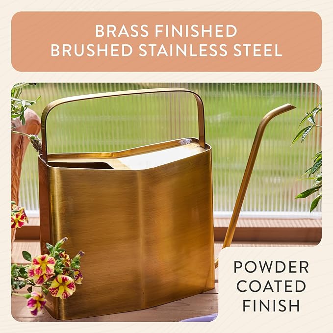 Modern Sprout Brass Finish Plant Watering Can - 3L Capacity - Long Spout Stainless Steel Vessel for Outdoor &amp Indoor Plants - Rust Resistant - Garden Accessory for Houseplants &amp Decorative Use