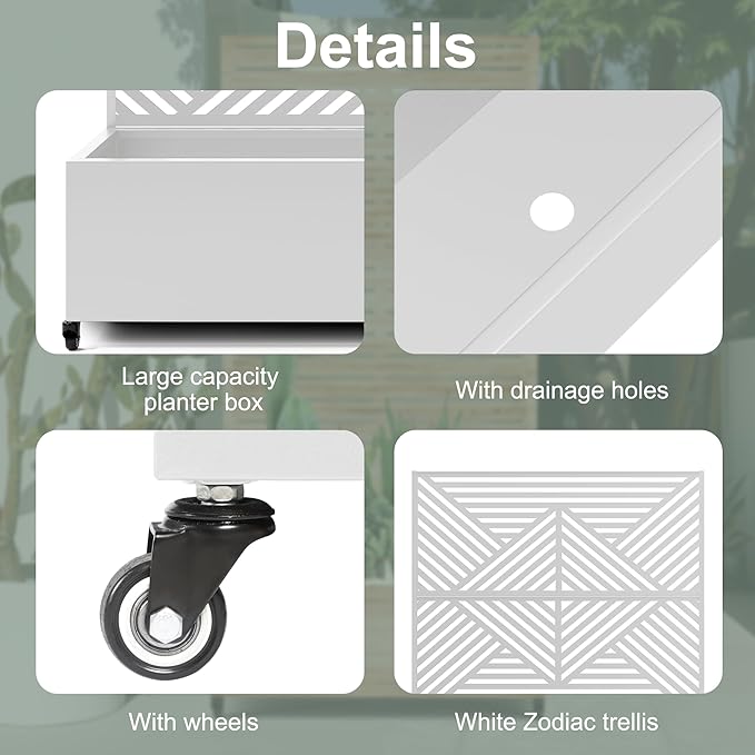 Standing Metal Planter Box with Trellis and Wheels for Climbing Plants Raised Garden Beds with Drainage Holes 47 L×16 W×71 H Privacy Boxes with Trellis (White Zodiac)