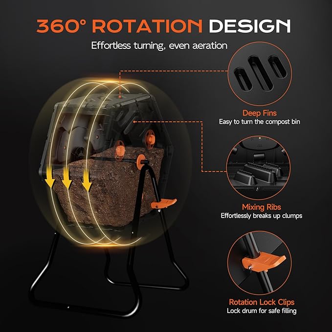 Compost Tumbler 22.5 Gallon/85L Easy Assemble Compost Bin Outdoor 360°Rotating Composter for Garden Backyard and Yard Gifts for Seasoned Gardeners &amp Beginners-Orange