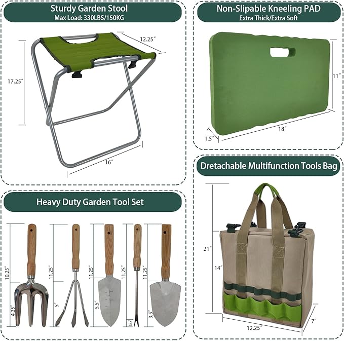 Garden Folding Gardener Stool with Gardening Tools Insulation Garden Bags Plus 5 Garden Tools and Gardening Kneeler Ideal Gift for Mother's Day/Father's Day
