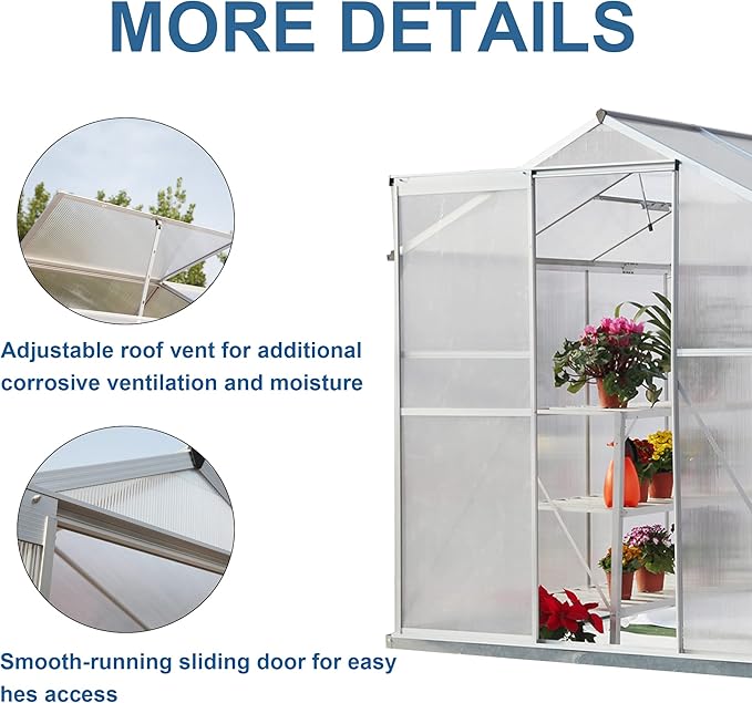 6x8 FT Greenhouses for Outdoors Heavy Duty Outside Walk in Green House for Garden Plants UV Protection Adjustable Roof Vent Thermostatic Waterproof and Insect Resistant Silver