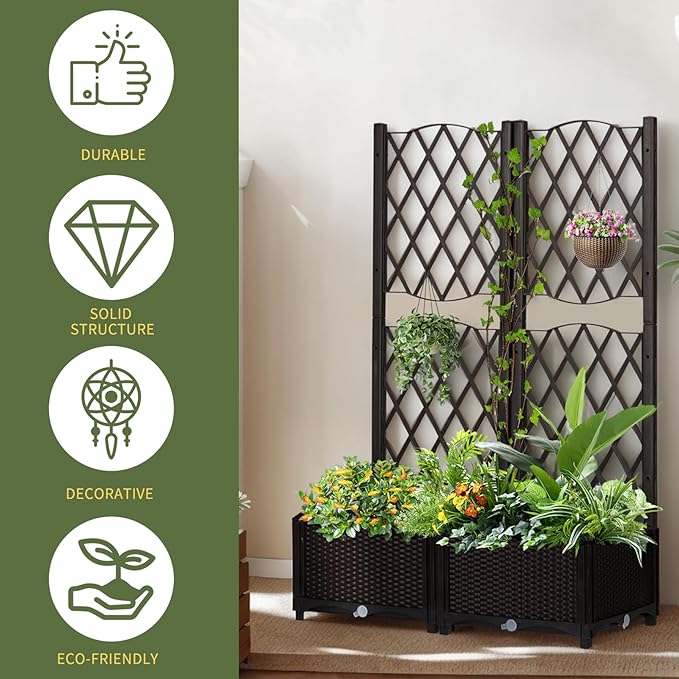 Raised Garden Bed with Trellis Outdoor Free-Standing Trellis Planter Box with Drainage Holes Privacy Planter for Patio Above Ground Elevated Garden Bed for Outdoor Climbing Plants Vines (Brown)