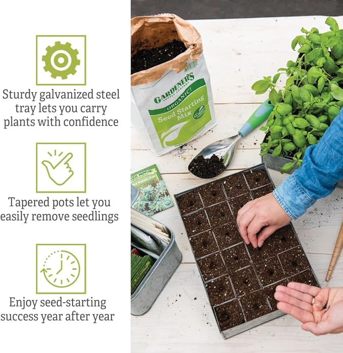 Gardener's Supply Company Self-Watering Galvanized Steel Seed Starting Tray 24 Cell | Leak-Proof Wire Grid with Moisture-Retaining Mat | Tapered Pots for Easy to Remove Seedlings