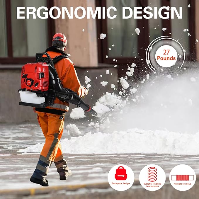 Backpack Leaf Blower 75.6CC - 4-Stroke Gas Leaf Blower with 900CFM &amp 210MPH Variable Speed Cruise Control Backpack Gas Leaf Blowers for Lawn Cleanup and Snow Removal