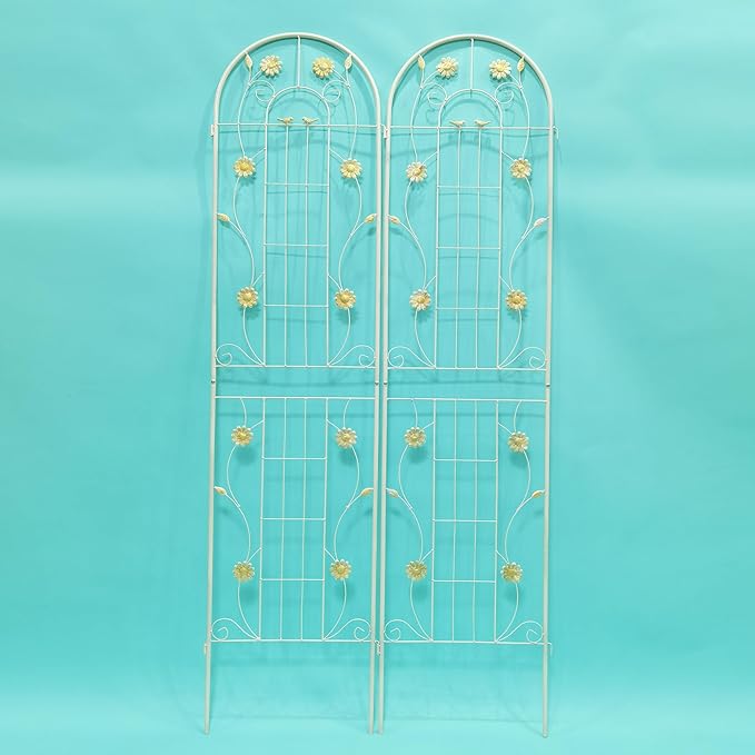 2 Pack 86.7 x 19.7 Metal Garden Trellis for Climbing Plants Rustproof Powder-Coated Steel Outdoor Flower Support with Elegant Bird &amp Leaf Design Easy to Assemble (2 Cream White)