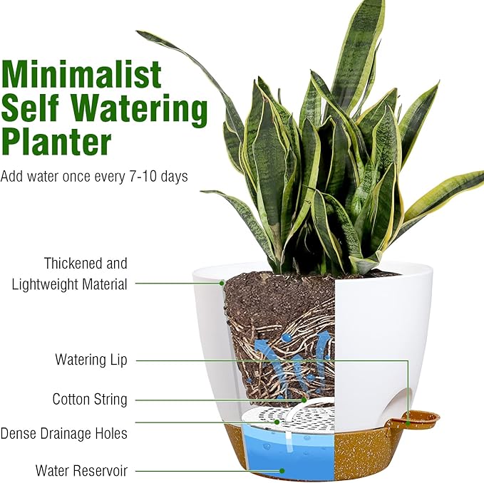 Large Self Watering Pots 12/10/9 Plastic Planters with High Drainage Holes and Deep Reservoir for Indoor Outdoor Garden Plants and Flowers White with Brown