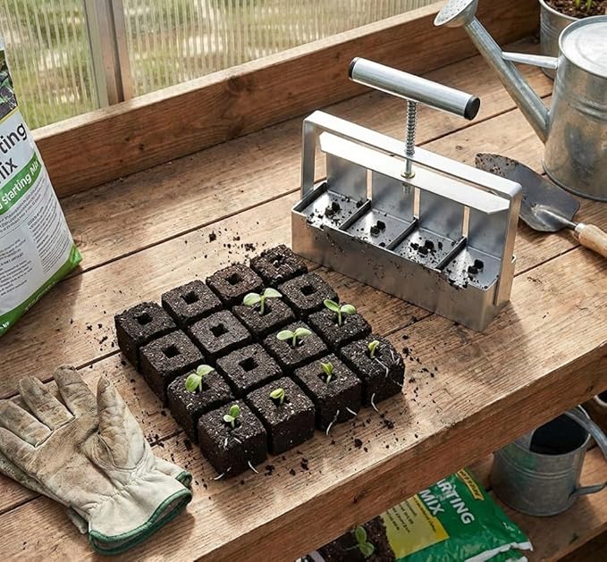 Soil Blocker 4 Cell 2 Inch – Heavy Duty Stainless Steel Soil Block Maker with Ergonomic Handle &amp 3 Size Seed Pins – Handheld Soil Blocker for Seed Starting Greenhouse Garden Tools