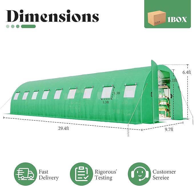 AMERLIFE 30×10 FT Tunnel Greenhouse with Built-in Sprinkler System Walk-in Greenhouse for Backyard Gardening Heavy Duty Galvanized Steel Frame &amp Waterproof PE Cover Green