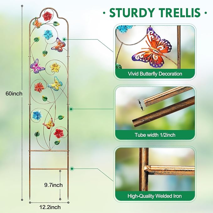 2 Pack Garden Trellis for Climbing Plants Outdoor Metal Arch Trellis for Climbing Vines Plants Support 60'' H x 11'' W Butterfly
