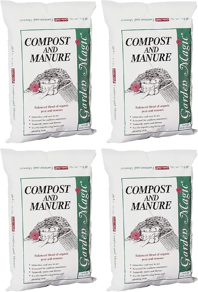 Michigan Peat 4-Pack Compost and Manure Blend Garden Magic Mix w/Odor-Free Blend 40 Lbs - Outdoor Lawn and Gardening Mixture with Nutrients and Minerals for Soil Potting and Planting