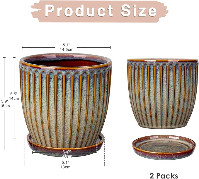 Oairse Ceramic Pots for Indoor Plants 5.7 inch Pots for Plants Set of 2 Brown Planters with Drainage Holes and Saucers Texture Ceramic Planters Indoor Outdoor for Succulent