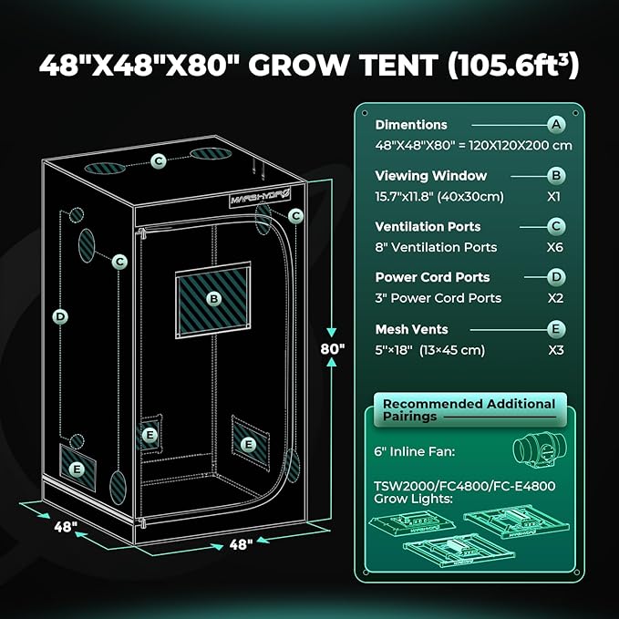 MARS HYDRO 4x4 Advanced Grow Tent 48x48x80 High Reflective Mylar 1680D for Hydroponics Indoor Plant Growing with Observation WindowFloor Tray and Smooth Zipper for TSW2000/FC4800/FC-E4800