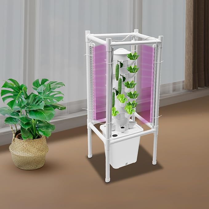 Hydroponic Growing System 30-Plant Vertical Gardening System with 4 LED Grow Lights 6-Layer Tower Hydroponic System for Herbs Fruits and Vegetable (No Seedlings Included) (White)