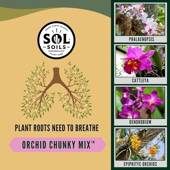 Sol Soils Chunky Orchid Potting Mix - 100% Peat-Free Lightweight and Aerated with Coconut Husk Perlite &amp Recycled Forest Products for Fast Draining Healthy Orchids - 2 Quarts