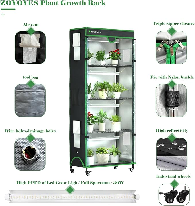 Indoor Greenhouse with Grow Light 35.8 W x 17.8 D x 71.8 H 5-Tier Plant Shelf with 3-Color T8 Growth Lights Plant Stand with Smart Timing Plug and thermohygrometer