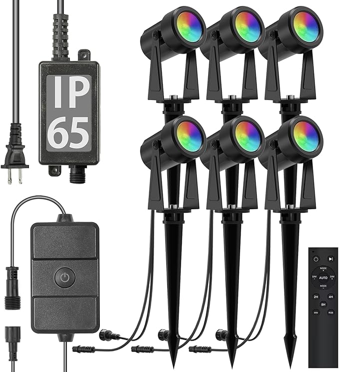 SUNTHIN 6 Pack RGB Color Changing Spot Uplights with Remote &amp 9.8FT T Shape Tee Extension Cord