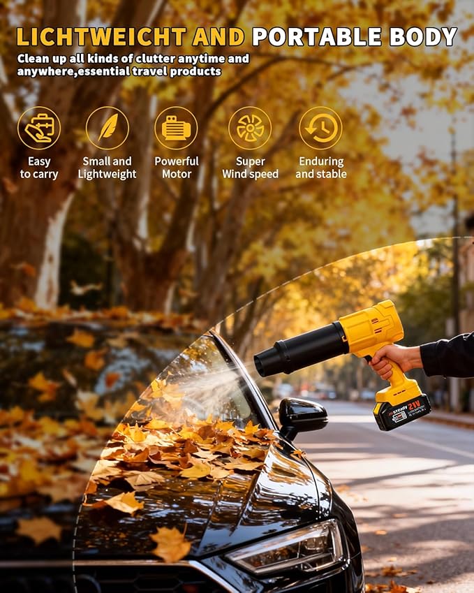 21V Cordless Leaf Blower with 2 x 4.0Ah Batteries Brushless Lightweight Handheld Blower with Detachable Air Nozzle 2-Speed Turbo for Lawn Patio Yard &amp Car Drying