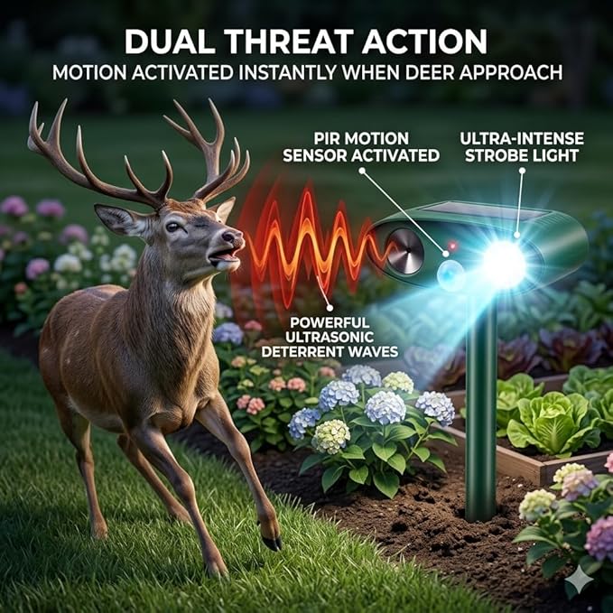 2026 Upgraded Sonic Fortress Pro Deer Repellent Outdoor Solar Ultrasonic Animal Repellent with Motion Sensor&ampFlash Light-IP65 Waterproof Cat Repellent Outdoor for RaccoonSquirrel-GardenYard 4Pac