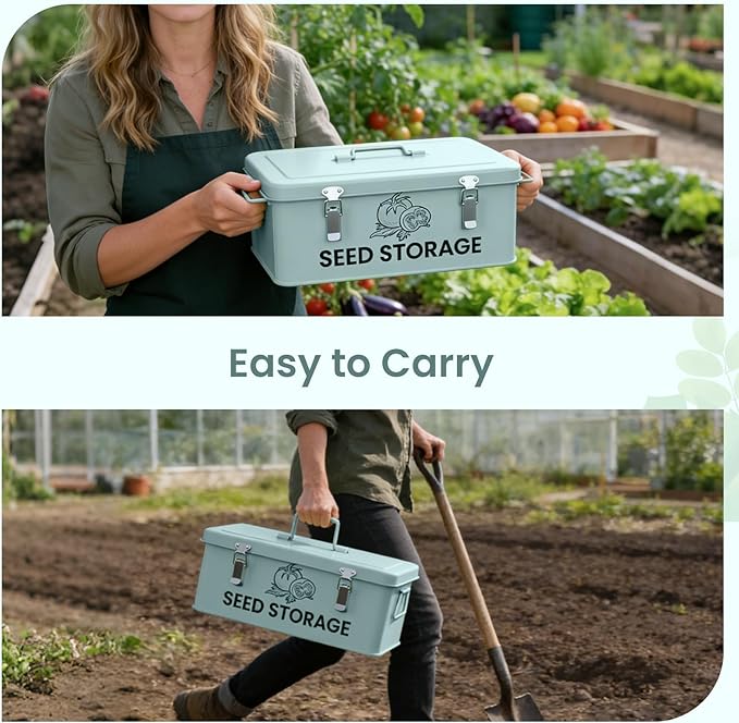 Seed Storage Organizer Box Metal Seed Box Garden Seed Organizer with Lid Seed Containers Storage with 4 Compartments 30 Seed Holder Organizers 100pcs Seed Envelopes (Blue)