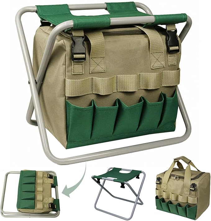 Garden Stool Folding Garden Seat with Detachable Storage Bag Multi-Pocket Gardening Bench Portable Zipper Gardener Tool Seat for Adults Stools