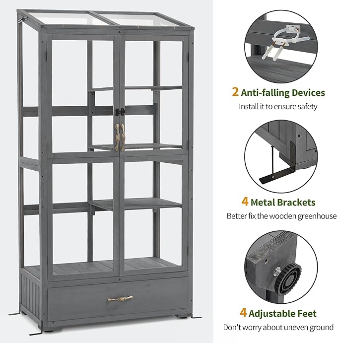 Macrout Cold Frame Greenhouse Tall Wooden Greenhouse for Outdoor Indoor Use with Polycarbonate Panels 3 Tier Garden Cold Frame with Drawer and Shelves 0864 (Dark Grey)