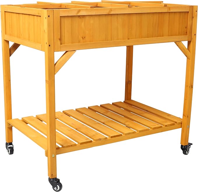 Elevated 8 Pocket Garden Bed Mobile Raised Customizable Wood Planter for Vegetables Flowers w/Lockable Wheels Storage Shelf Drainage Holes