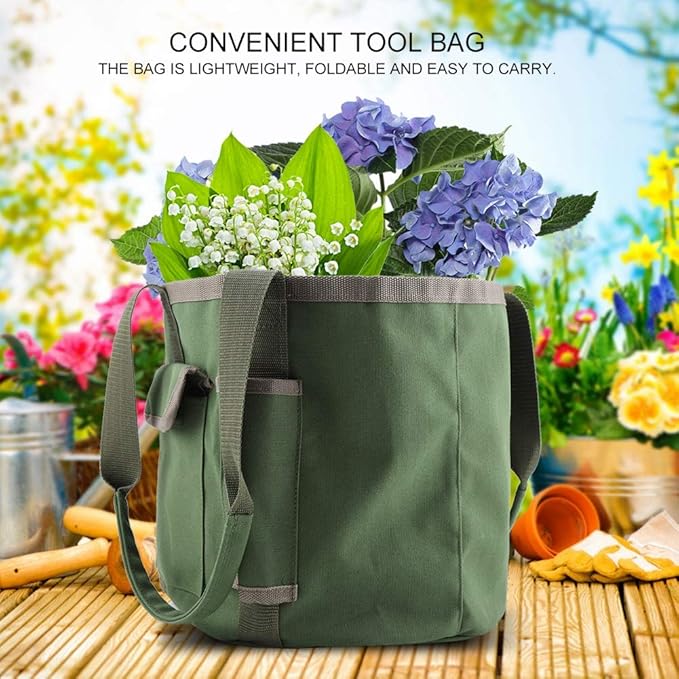 Yosoo Garden Tools Storage Bag Gardening Bucket Organizer with Pockets for Women Men Gardener Garden Tote Garden Tool Set Kit Green