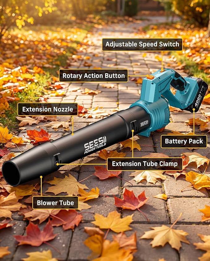 SEESII Leaf Blower Cordless Rotated 180° Electric Leaf Blower with 2 * 4.0Ah Batteries and Charger 550CFM 150MPH Lightweight Blower with 5 Speed Mode for Lawn Care Yard Patio &amp Outdoor Use