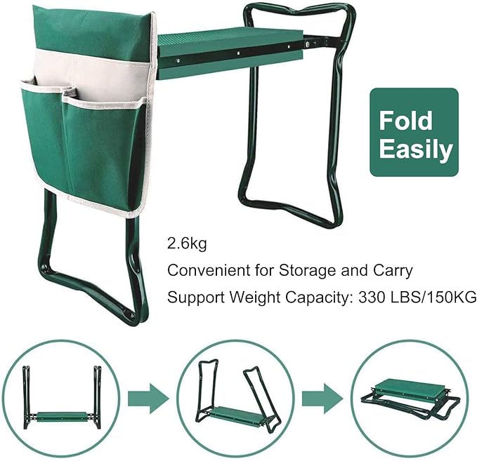 Foldable Garden Kneeler and Seat 2 in 1 Folding Stool with Large Tool Pouches Portable Foam Kneeling Pad Padded Seat Space Saving