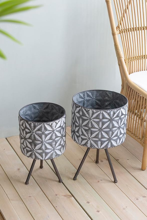 Set of 2 Metal Planter StandRound Galvanized Grey Planter