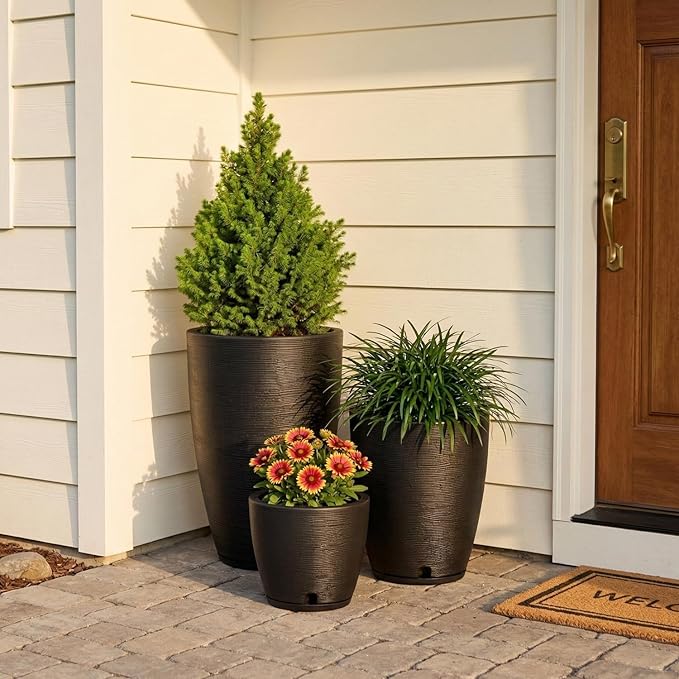 Floridis Set of 3 Black Planters for Indoor Outdoor Plants 11/17/25 Inch Plastic Plant Pots with Drainage Hole and Saucer for Patio and Front Porch
