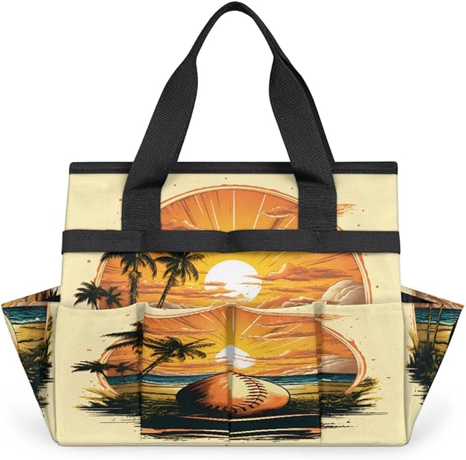 Sunset Coconut Volleyball Garden Tool Bag Waterproof Garden Tool Storage Bag Heavy Duty Oxford Gardening Tool Bag with Handle &amp 10 Pockets for Men Women Outdoor Garden Lawn Yard