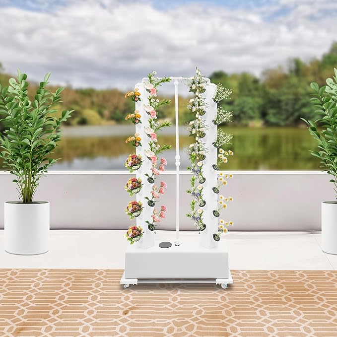Hydroponic Growing System Kit 56-Plant Hydroponic Tower Indoor Herb Garden Vertical Planter Germination Kit with Intelligent Water Circulation &amp Timer Function Grower Harvest Fresh Herbs Vegetab