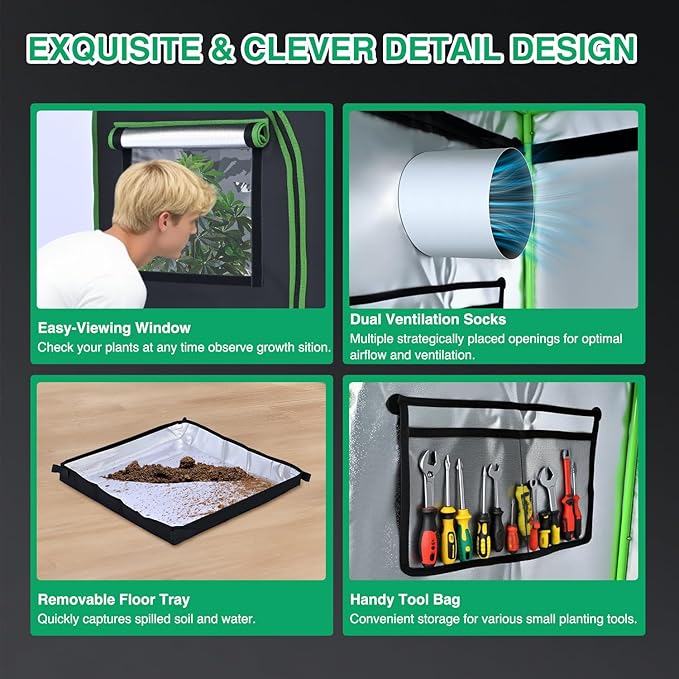Yesker 5x5 Grow Tent 60x60x80 High Reflective Mylar Large Indoor Growing Tents 600D Oxford Cloth with Observation Window and Removable Floor Tray for Hydroponics Indoor Plants Fruit Flower Growing