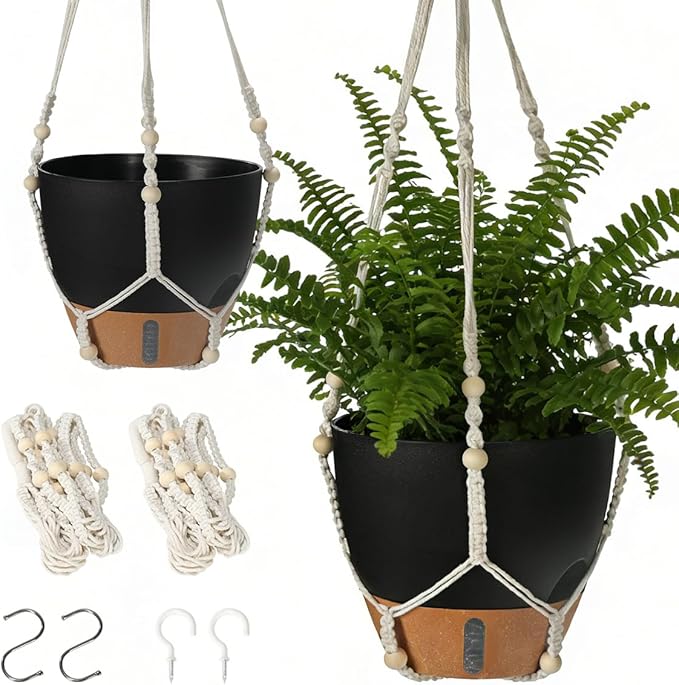 Self-Watering Hanging Planters for Indoor Plants Set 2-Piece Includes Plant Hanging Pot Drainage-Hole Hanging Pot and Hanging Basket Rack (10 Inches Black)