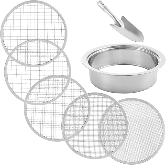 Stainless Soil Sieve Set – 5 Interchangeable Mesh 1 3 6 9 12mm Screens with Shovel | Garden Potted Plant Sifting Tool for Sand Compost Potting Mix Preparation Use