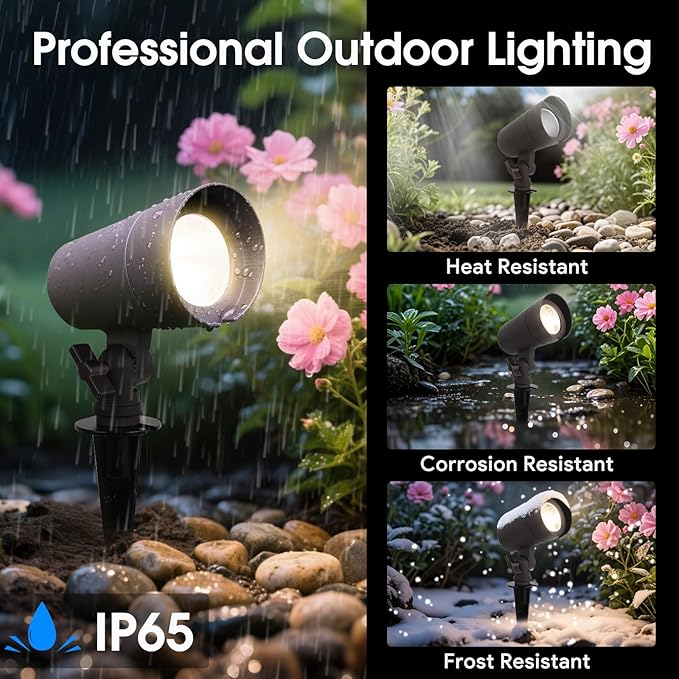 3CCT LED Landscape Lights with Connectors 12V Low Voltage 3000K/4000K/5000K Selectable 3W 200LM Outdoor Waterproof Garden Pathway Lights Wall Tree Flag Spotlights with Spike Stand 4 Pack