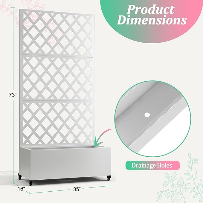 Metal Raised Garden Bed with Trellis for Climbing Plants Vegetable VinesMetal Planter Box with Trellis 73x35x16Trellis with Planter Box &amp Privacy ScreenRaised Garden Bed On Wheels(White)