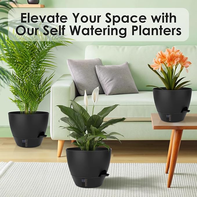 Self-Watering Plant Pots with Water Level Indicator Drainage Holes &amp Saucers – 12/10/9 Inch Large Plastic Planter Set for Indoor &amp Outdoor Plants (Pure Black)
