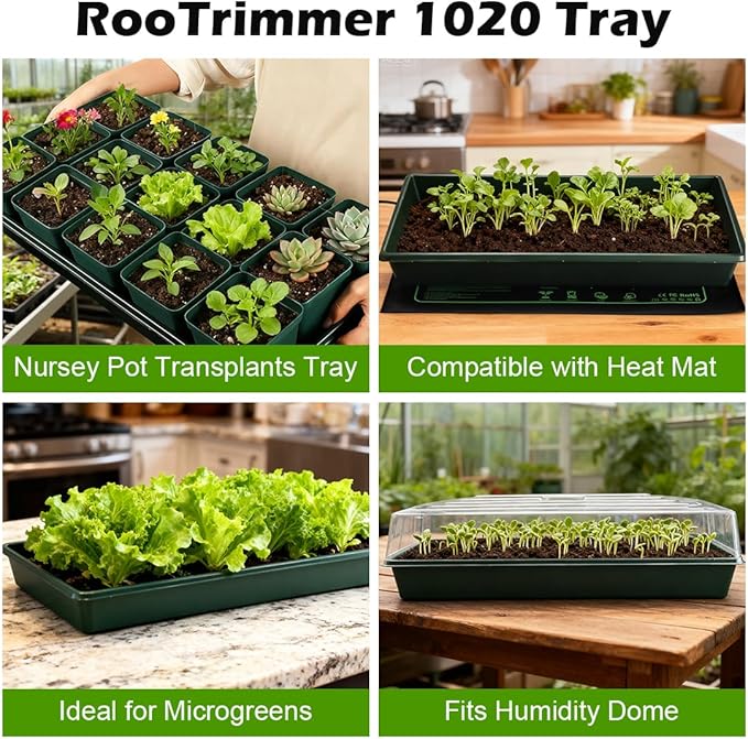 10 Pack 1020 Trays No Holes-Reusable Nursery Flats for 50/72 Cell Plug Tray Heavy Duty Seed Starter Trays for Transplant Seed Starting Plant Propagation &amp Seed Germination (Dark Green)