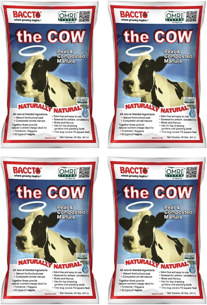 Michigan Peat Baccto 1640 Wholly Cow Horticultural Compost and Manure for Soil Amendment Lawn Care &amp Garden Beds 40 Quart Bag (4 Pack)
