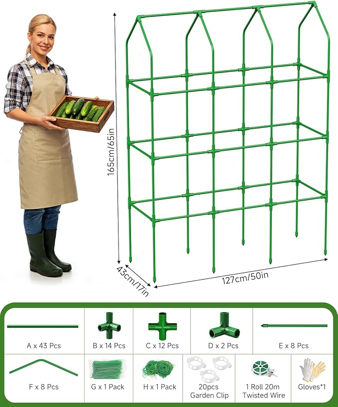 Cucumber Trellis for Climbing Plants Outdoor A-Shape Garden Trellis for Raised Bed Metal Plant Trellis with Garden Netting for Flower Vegetables Pea Grape (51 * 17.7 * 65inch(L*W*H))