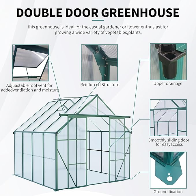 8x8 Greenhouse for Outdoor with Double Door and Adjustable Roof Walk-in Polycarbonate Gardening Green House with Raised Base and Anchor Drainage System for Backyard Lawn Green