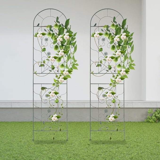 2 Packs 82.6x20 inch Metal Garden Trellis for Climbing Plants Outdoor Retro Iron Garden Decor Fences Panels Flower Plant Support Racks for Roses Vegetables Flowers Expandable (Green)