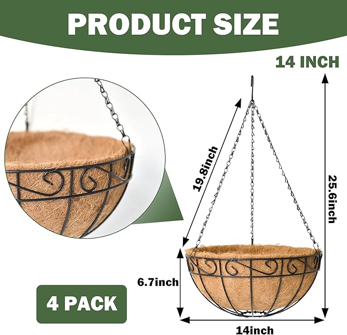 4 Pack 14 Inch Hanging Baskets for Plants Outdoor Metal Hanging Planter Basket with Coco Coir Liner Hanging Flower Pots Holder for Garden Patio(Flower)