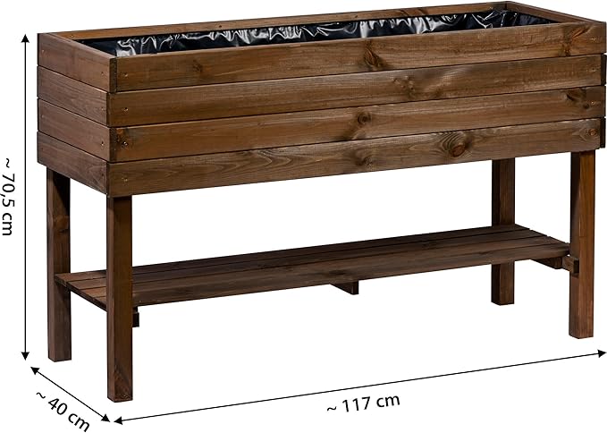 dobar® Large Raised Bed Solid Wood with Shelf Including Plant Film - Raised Planter 100 L - 117 x 40 x 80 cm - Dark Brown
