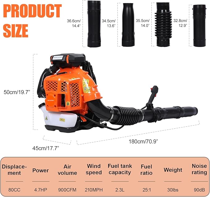 Backpack Leaf Blower 80CC 4.7HP 2-Cycle Gas Leaf Blower 900-CFM &amp 210-MPH Powerful Back Pack Blowers Variable Speed Cruise Control Portable Air Blower for Garden Snow Dirt Debris